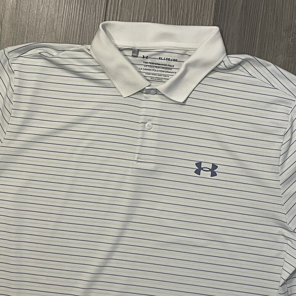 Under Armour The Performance Polo Shirt Men's XL White Stripes Golf Short Sleeve